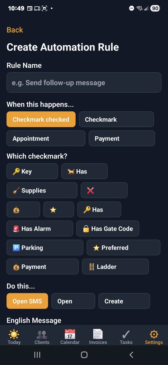 Create Automation Rule — pick a trigger, pick a checkmark, pick an action like Open SMS