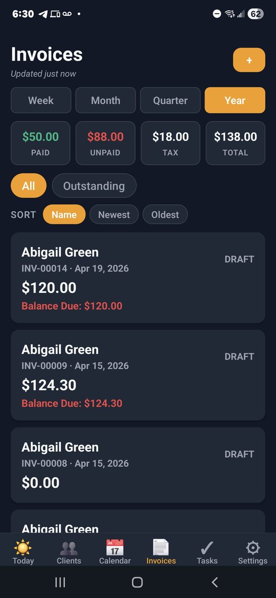 Invoices screen with Week/Month/Quarter/Year tabs at top, four stat cards showing $50 paid (green), $88 unpaid (red), $18 tax, $138 total, and the filtered invoice list below