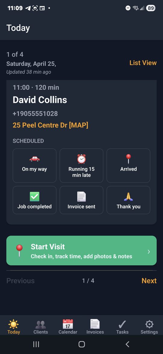 Today screen showing next visit with David Collins, six one-tap status SMS buttons (On my way, Running late, Arrived, Job completed, Invoice sent, Thank you), and a Start Visit button
