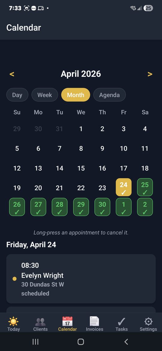 MyKlient Today screen — the first thing you see when you open the app